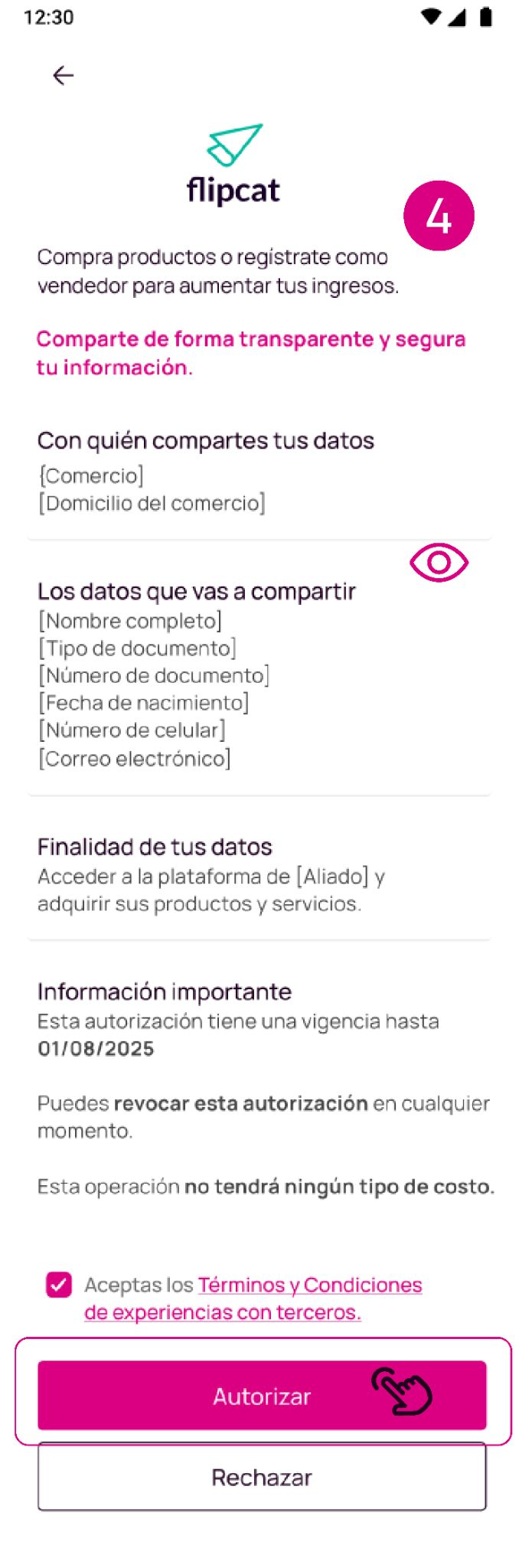 Pantalla de autorización de datos para compartirlos a Flipcat desde Nequi