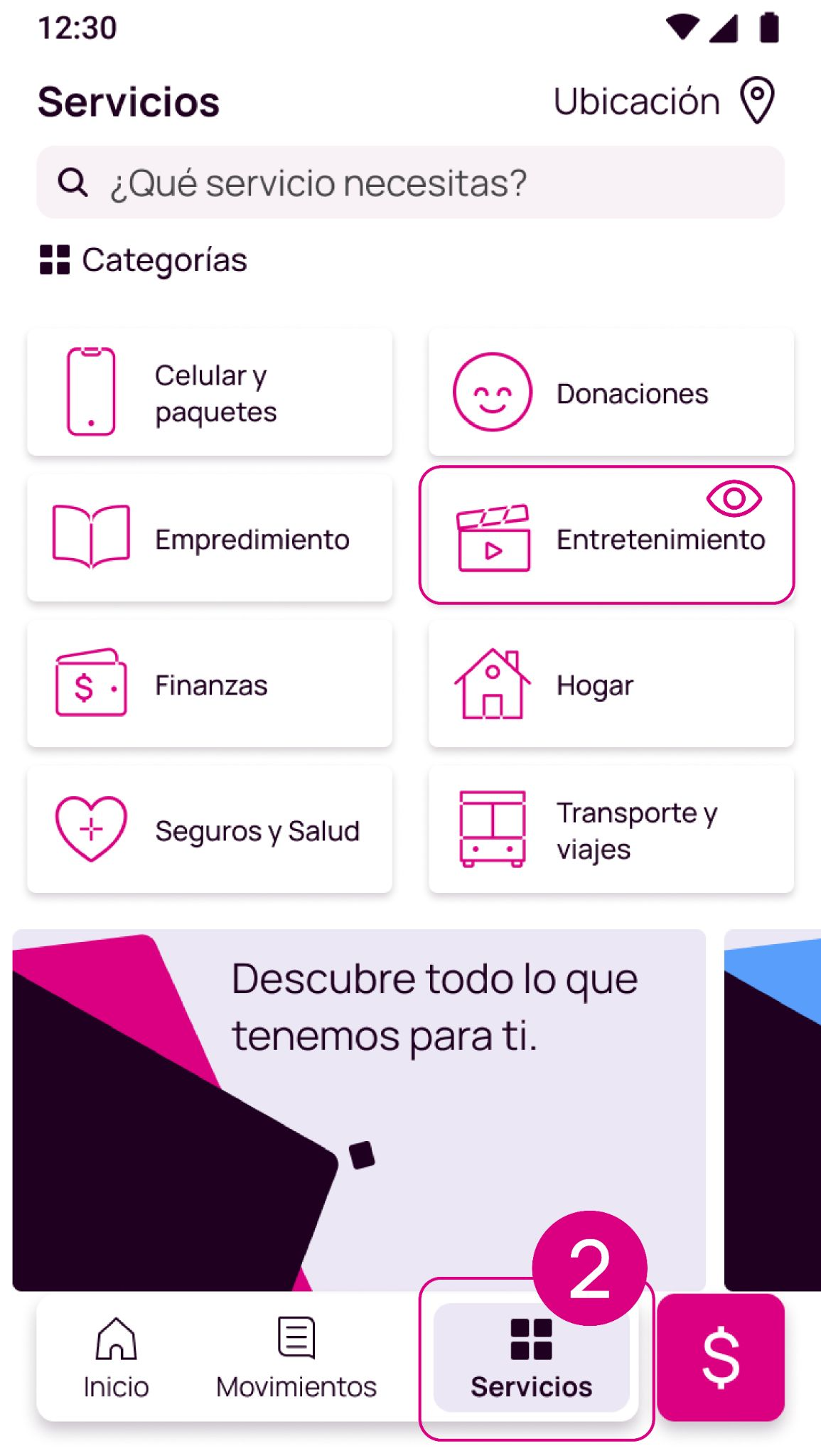 Pantalla de entretenimiento de la app Nequi
