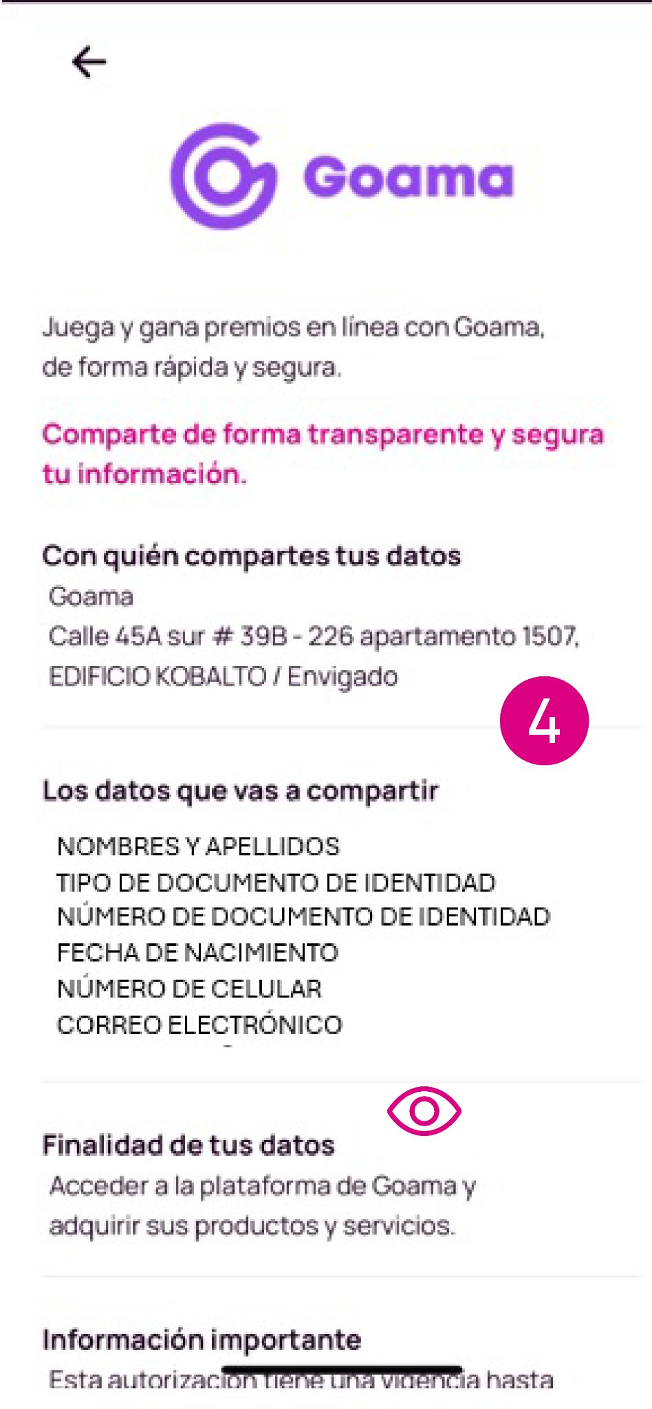 Pantalla de información de Goama en Nequi