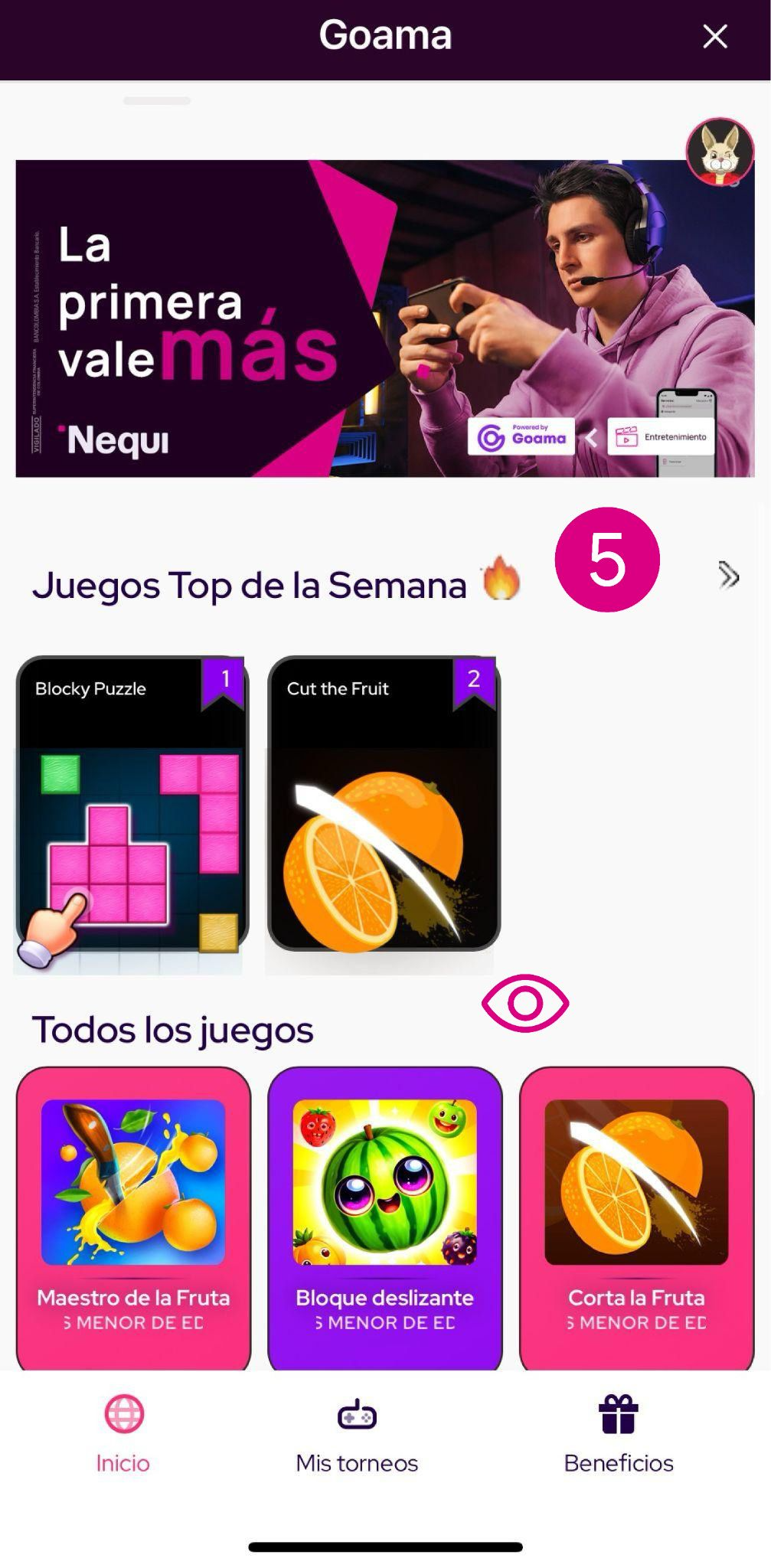 Pantalla de experiencia Goama en Nequi