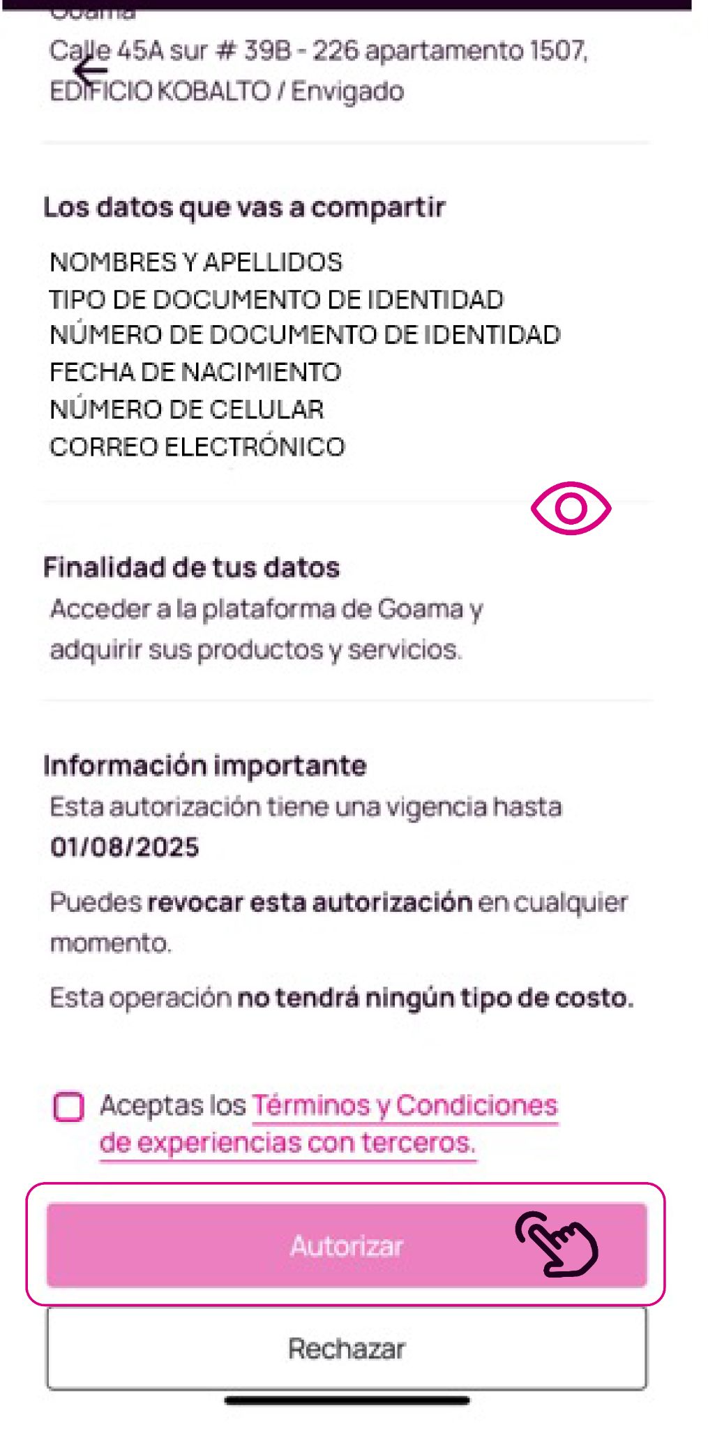 Pantalla de autorizar datos en la app Nequi