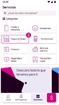 Pantalla de Negocios Nequi en la app