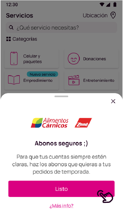 Pantalla de Abonos seguros de alimentos cárnicos en la app Nequi