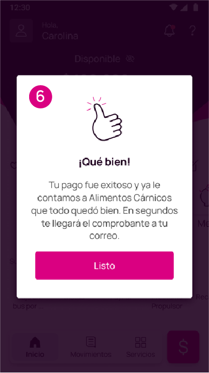 Pantalla de pago exitoso en Nequi