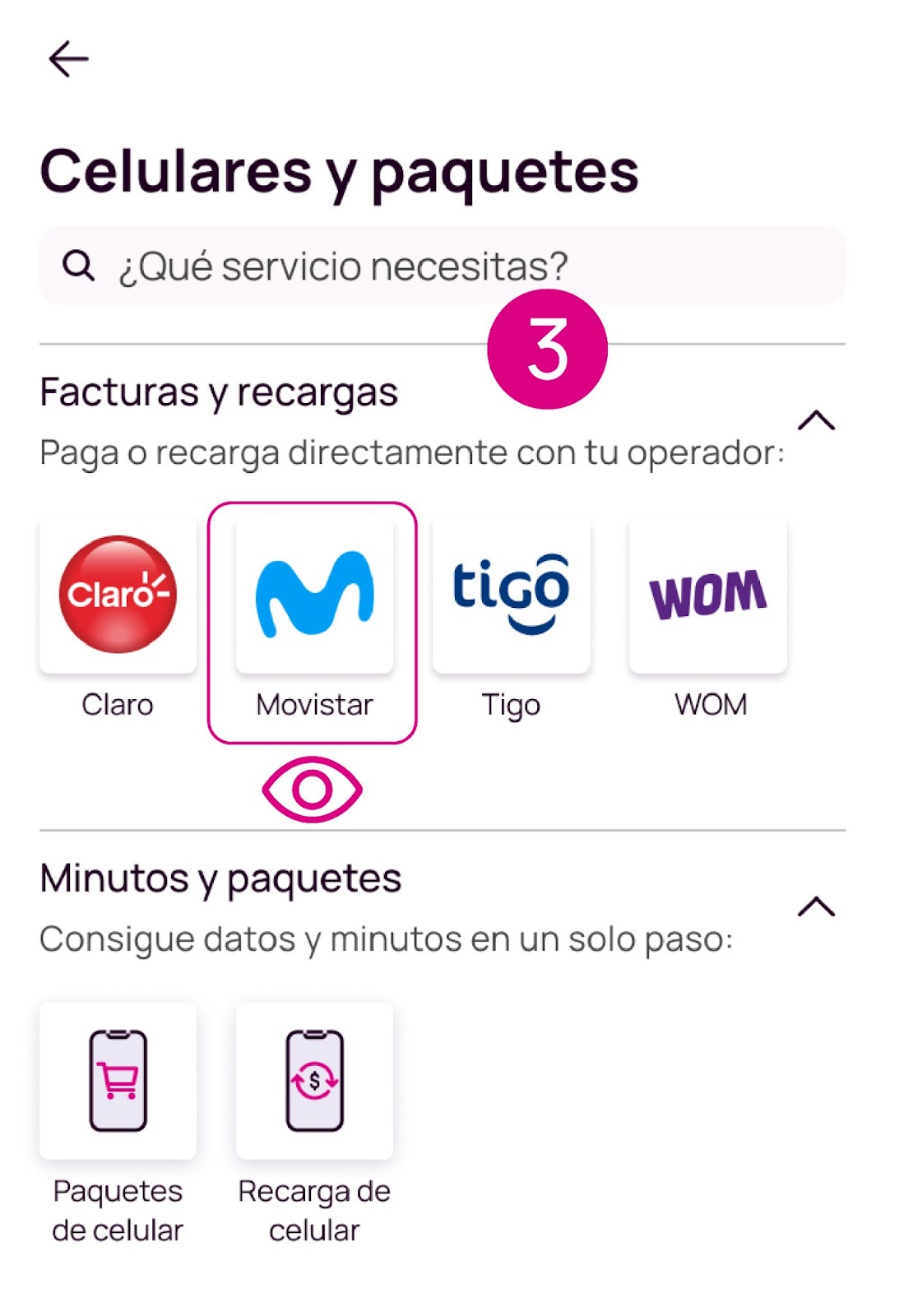 Pantalla de Movistar en Celulares y paquetes  la app Nequi