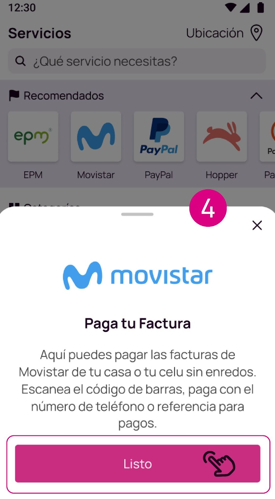 Pantalla de paga tu factura Movistar en la app Nequi