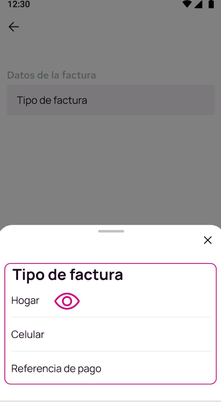 Pantalla del tipo de factura de la app Nequi