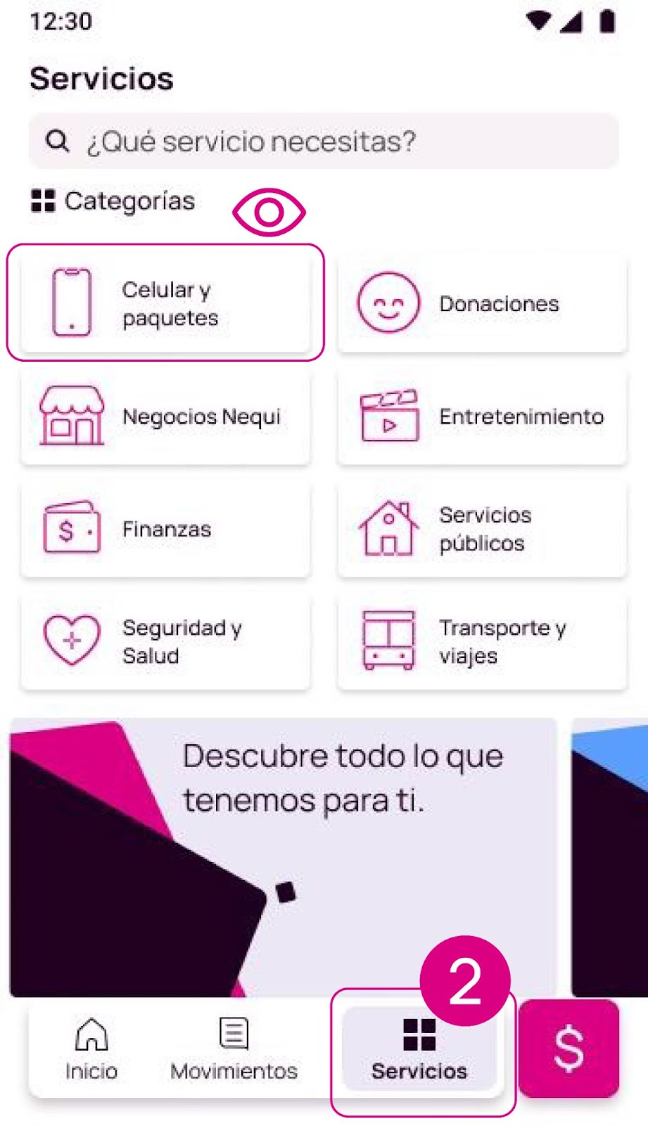 Pantalla de servicios y celular y paquetes en la app Nequi