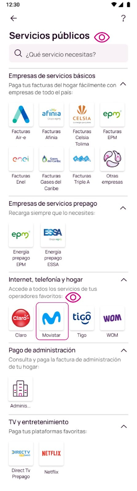 Pantalla de Movistar en Servicios públicos de la app Nequi