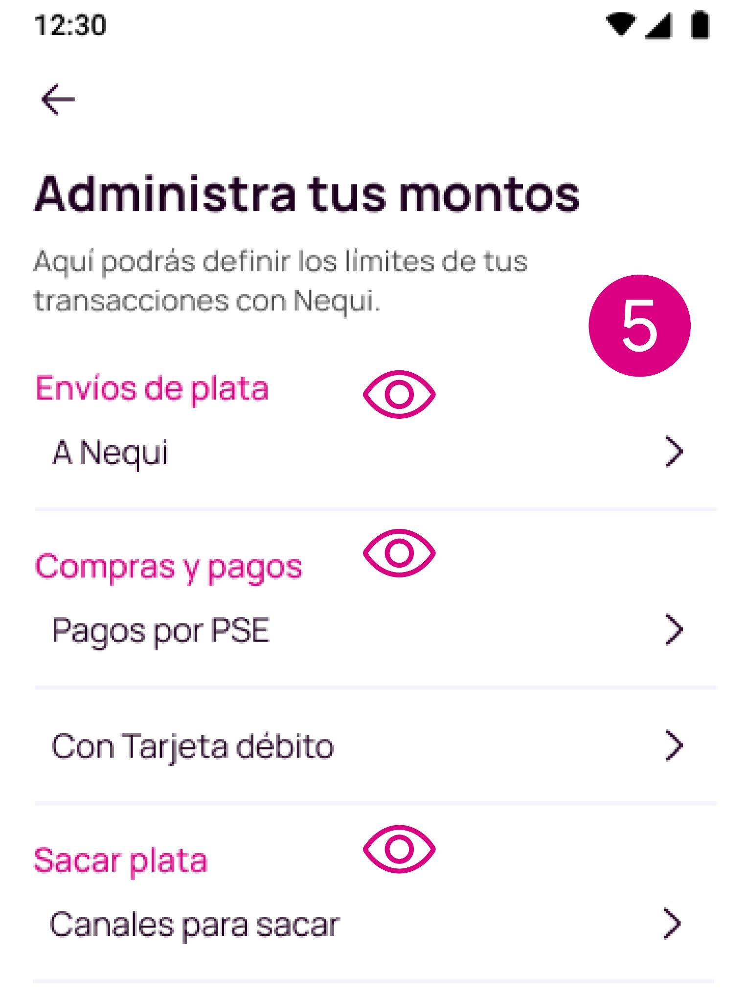 Pantalla de administra tus montos en la app Nequi