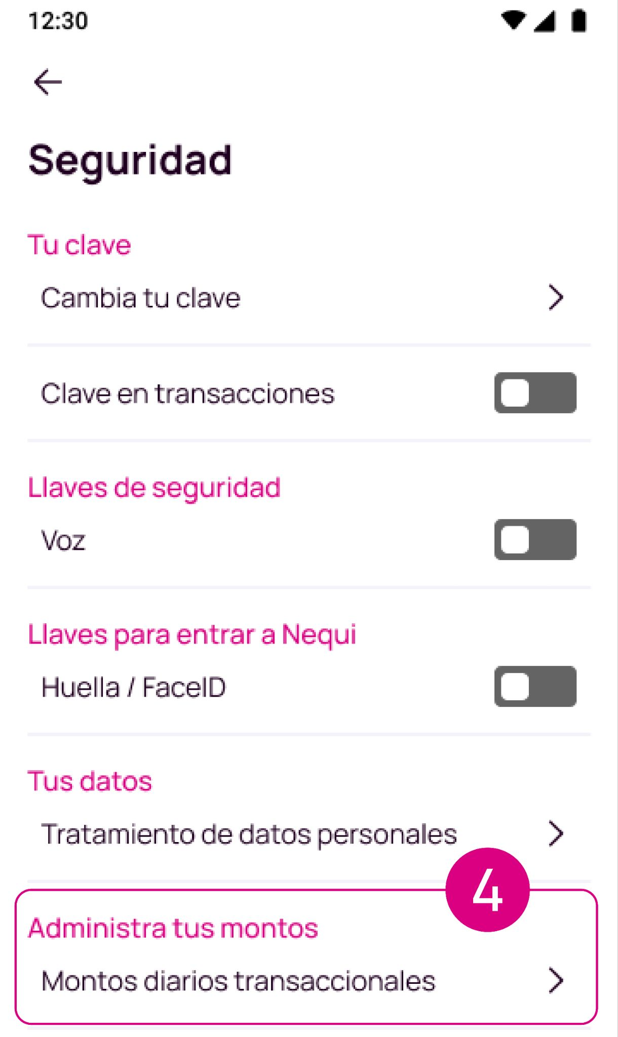 Pantalla Administra tus montos en Nequi