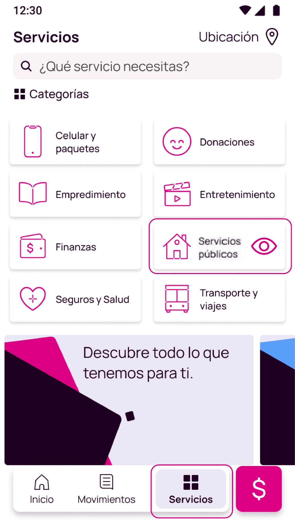 Pantalla servicios públicos de la app Nequi