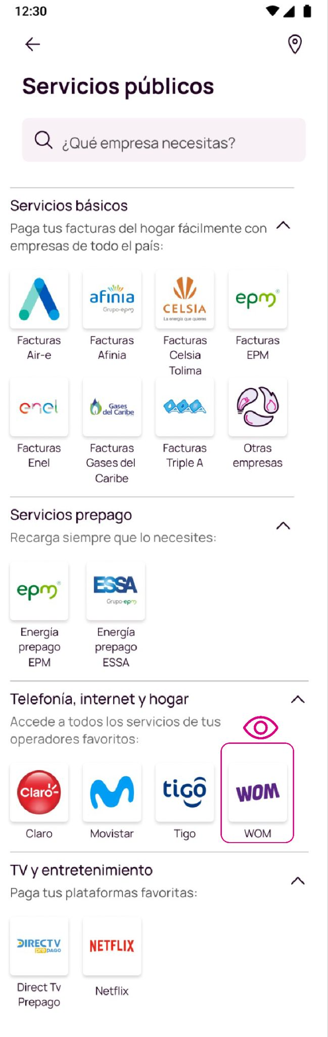 Pantalla WOM de la app Nequi 