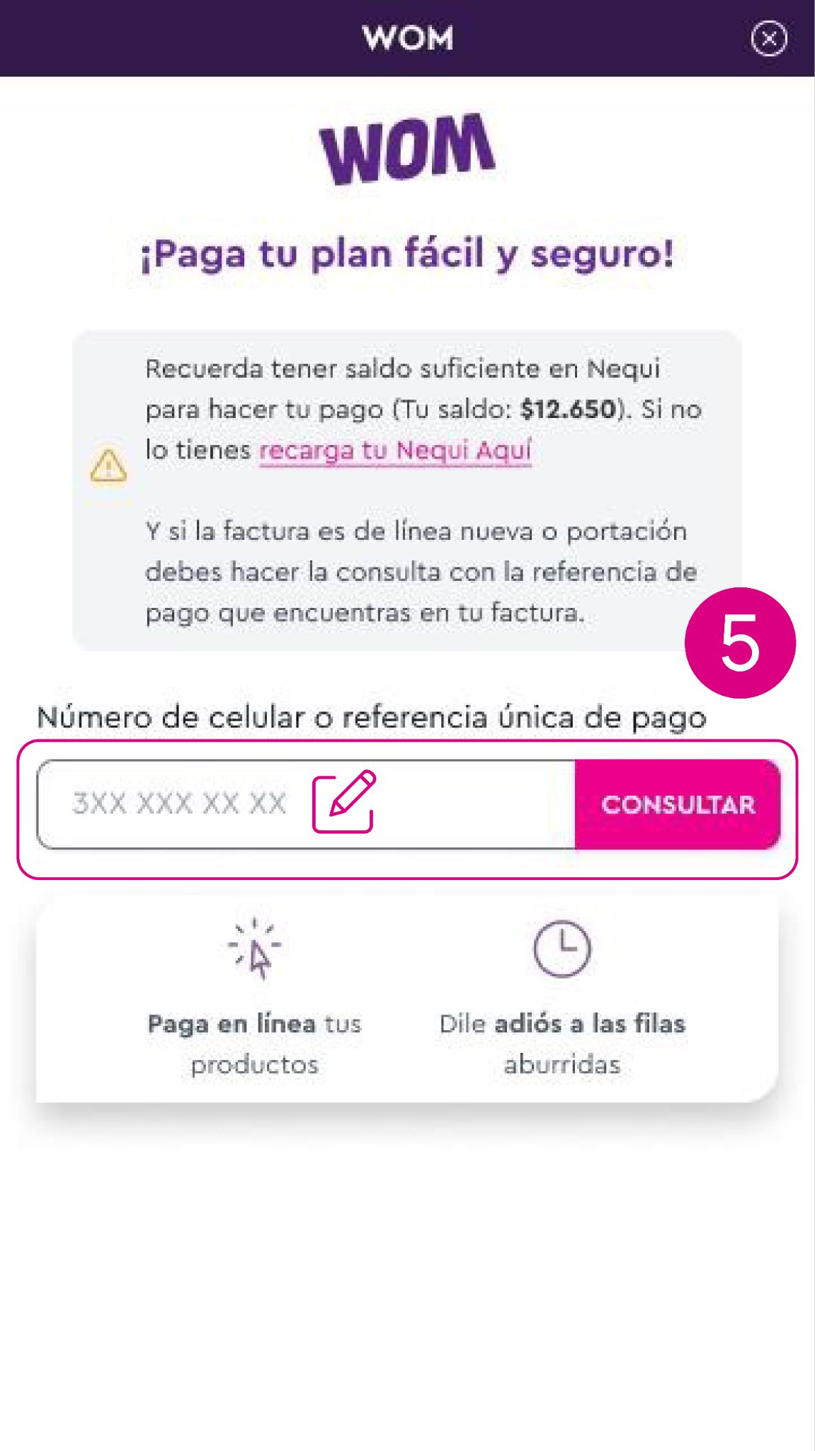 Pantalla consultar la factura wom en Nequi