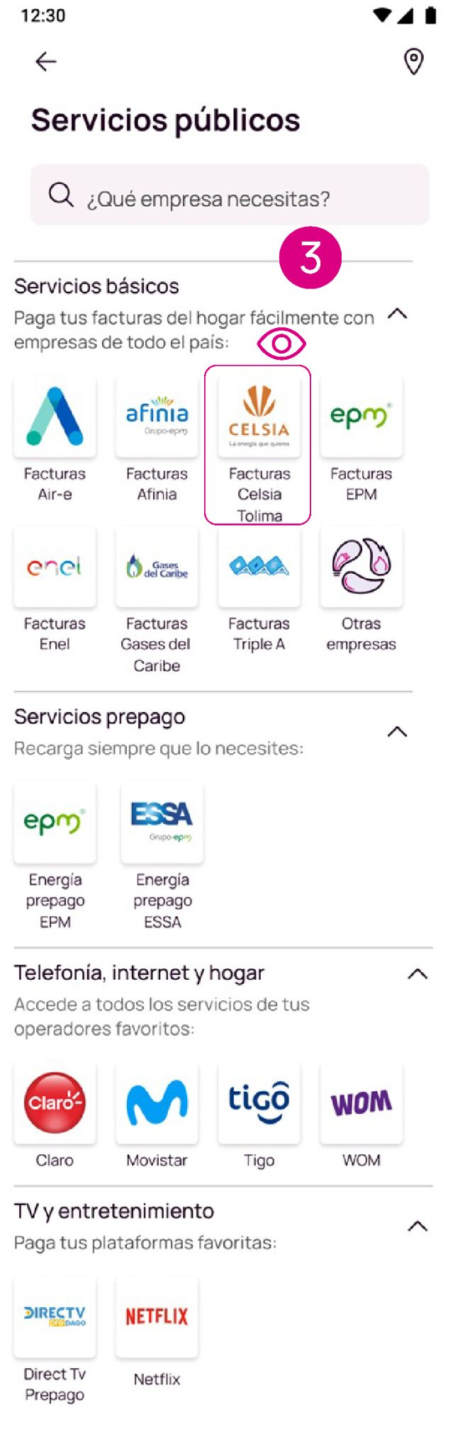 Pantalla de facturas Celsia en Nequi