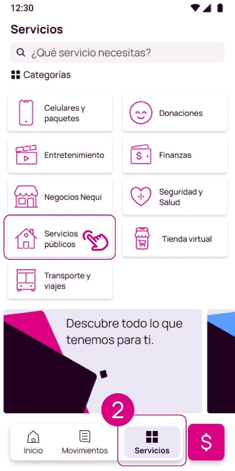 Pantalla Servicios públicos en la app Nequi