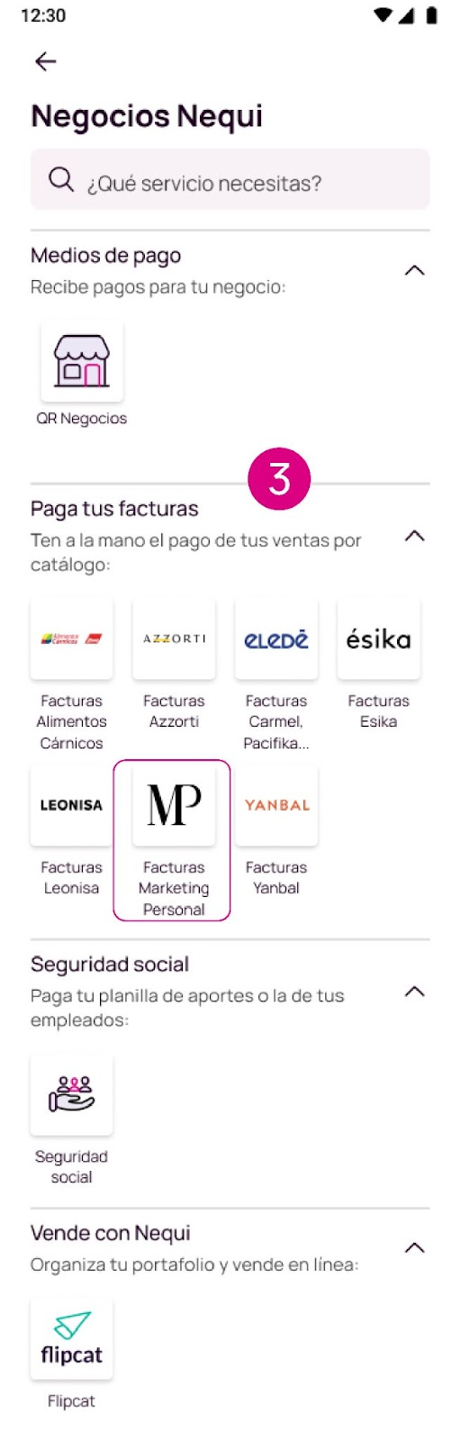 Pantalla facturas marketing personal en Nequi