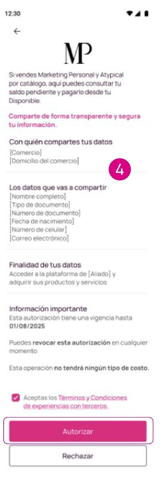 Pantalla de aceptar los terminos y condiciones de la factura en Nequi