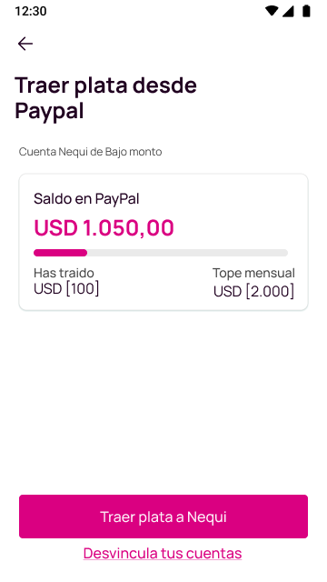 Pantalla traer plata desde PayPal en Nequi