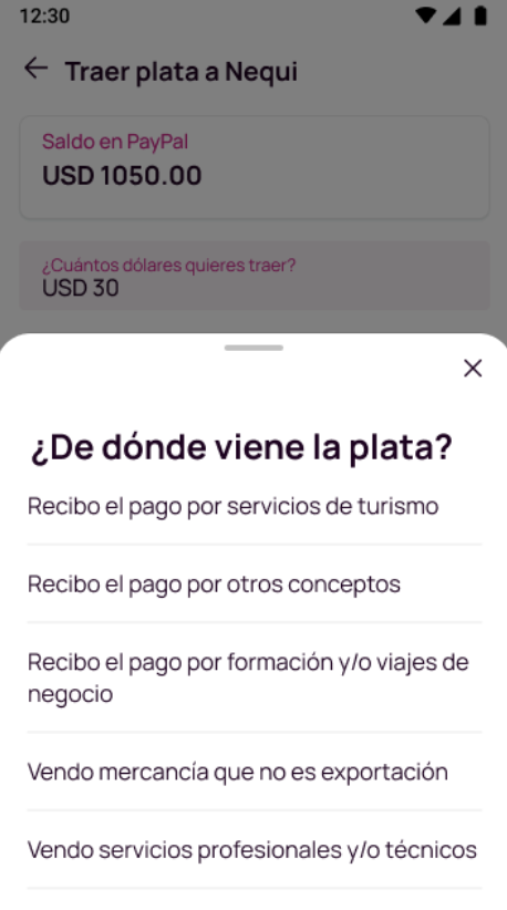 Pantalla de Dónde viene la plata de PayPal en Nequi