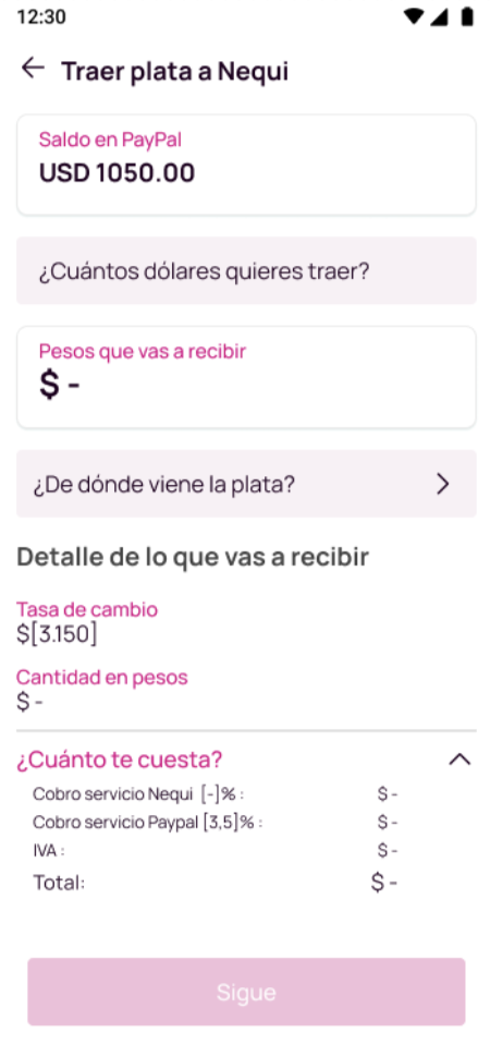 Pantalla del detalle de lo que vas a recibir  de PayPal en Nequi