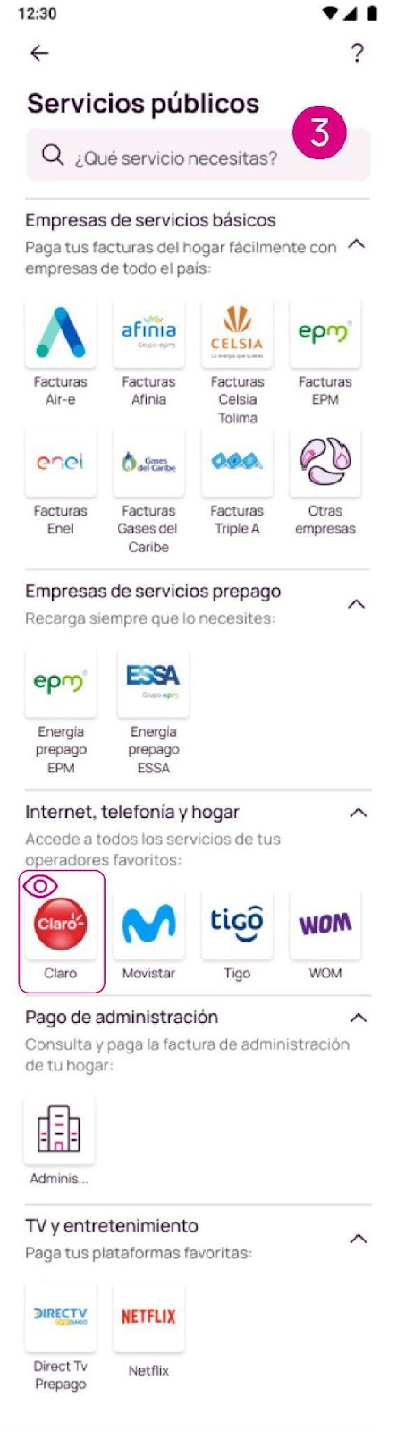 Pantalla de claro en servicios públicos de la app Nequi