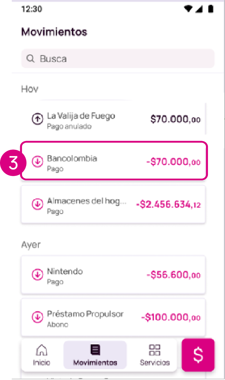 Pantalla de movimientos en Nequi