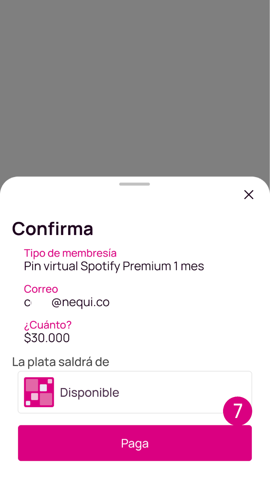Pantalla de confirmar membresia de Spotify  en Nequi