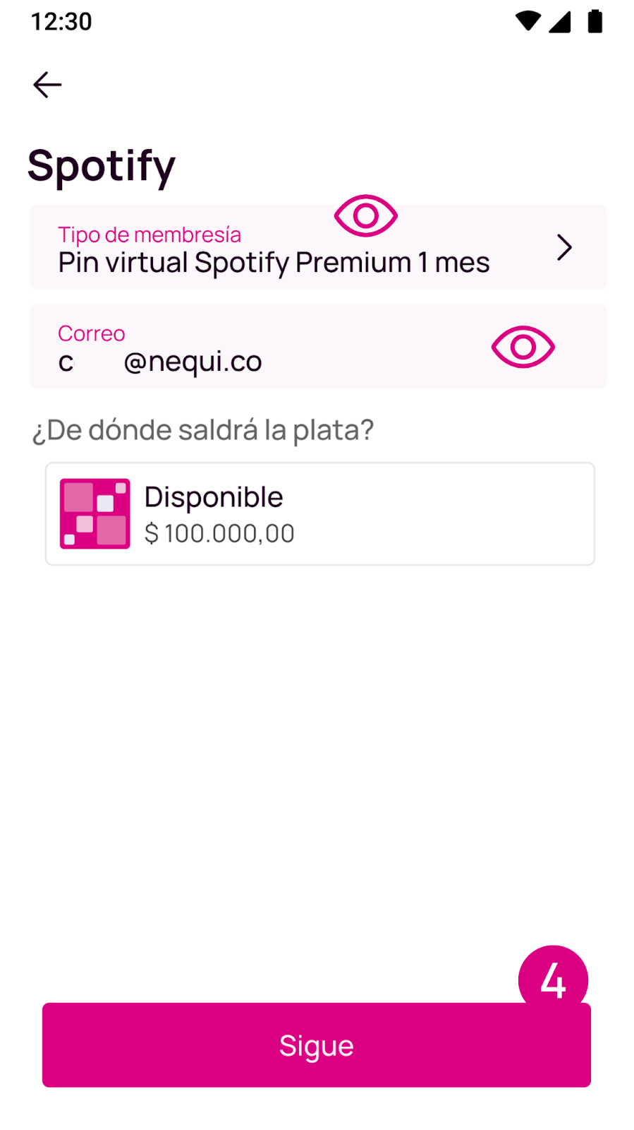 Pantalla de membresía de Spotify en la app Nequi