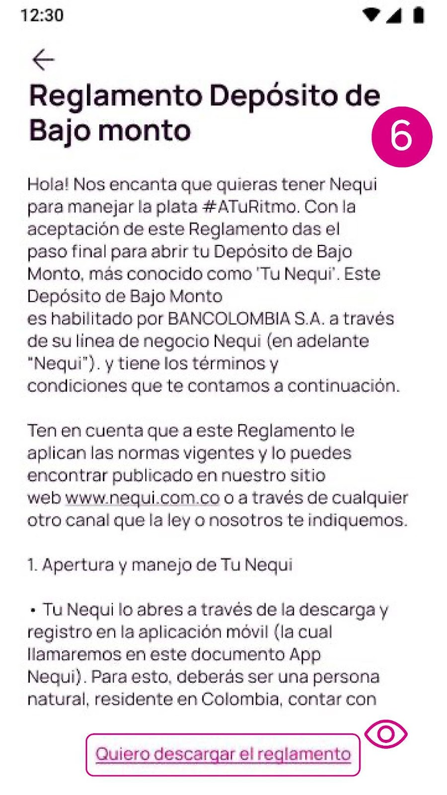Pantalla de reglamento depósito de bajo monto en la app Nequi