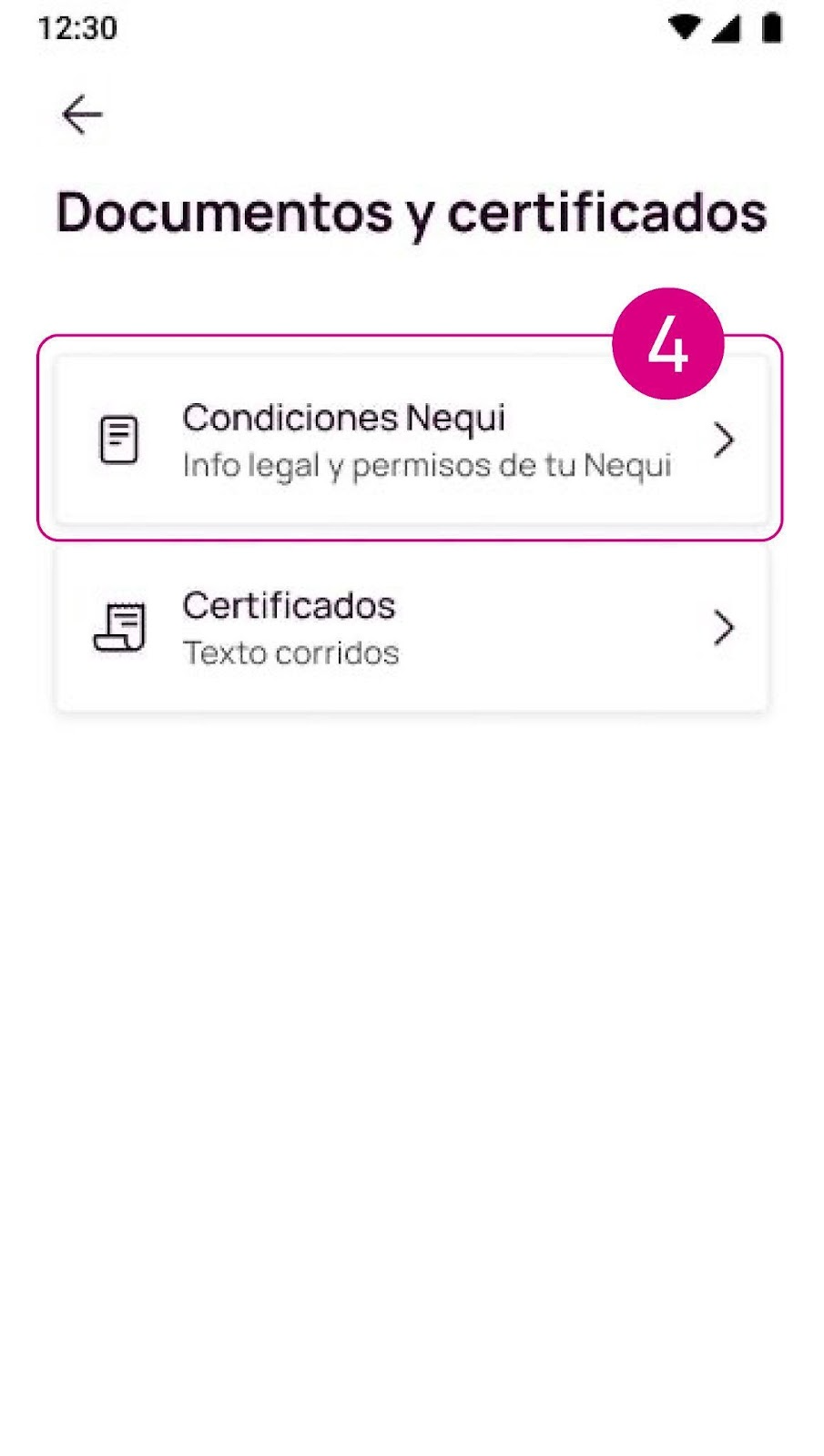 Pantalla condiciones Nequi en la app