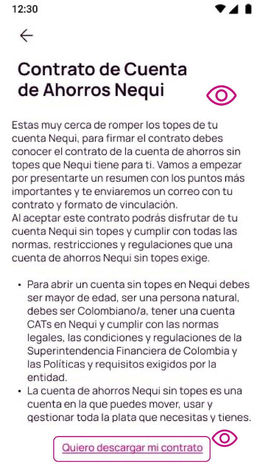 Pantalla de Contrato de Cuenta de Ahorros Nequi en la app