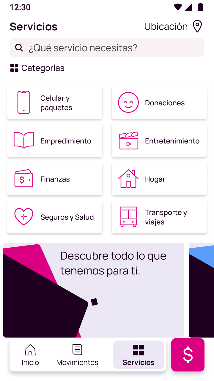 Pantalla de servicios en la app Nequi