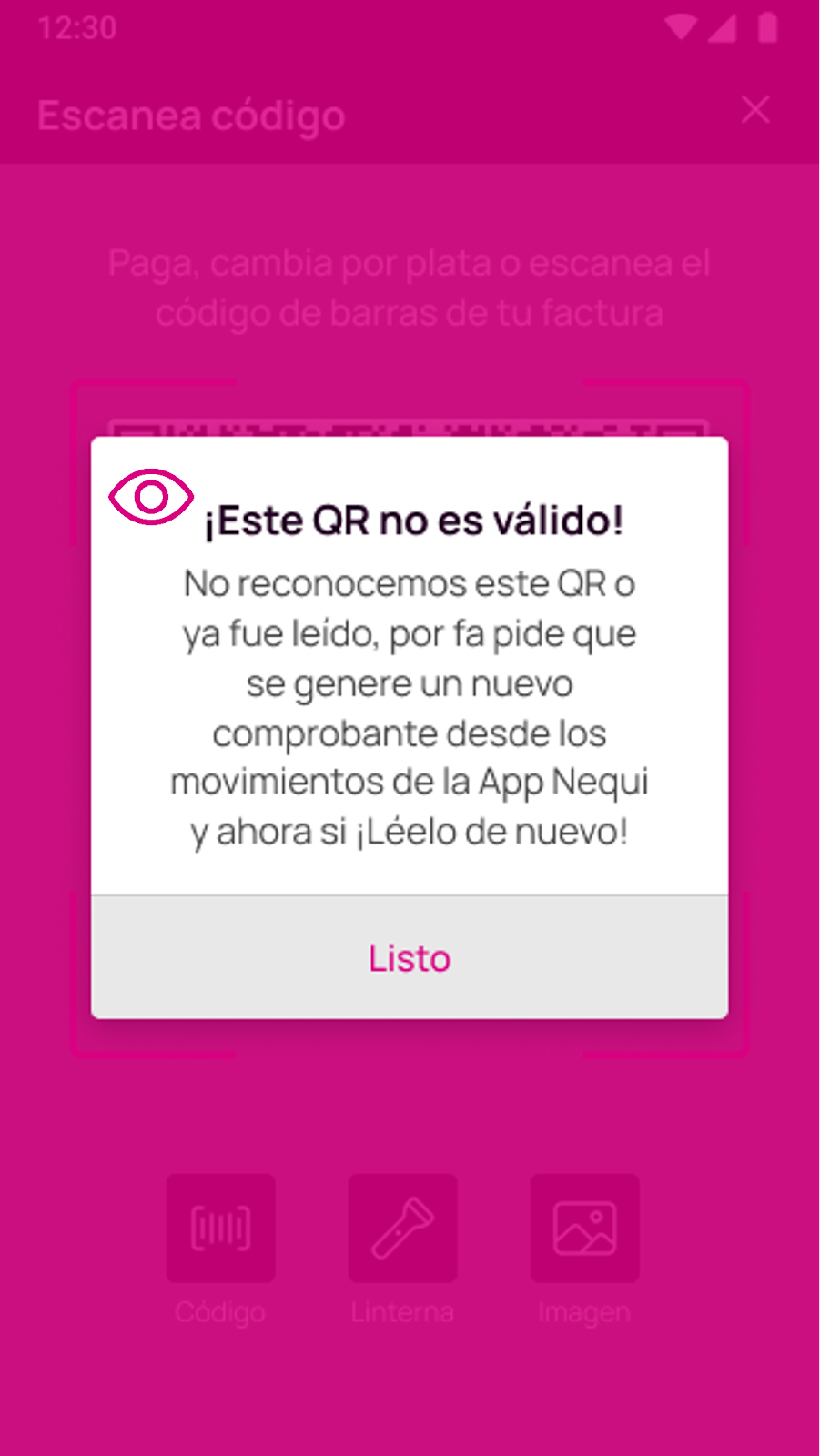 Pantalla de este QR no es válido en la app Nequi