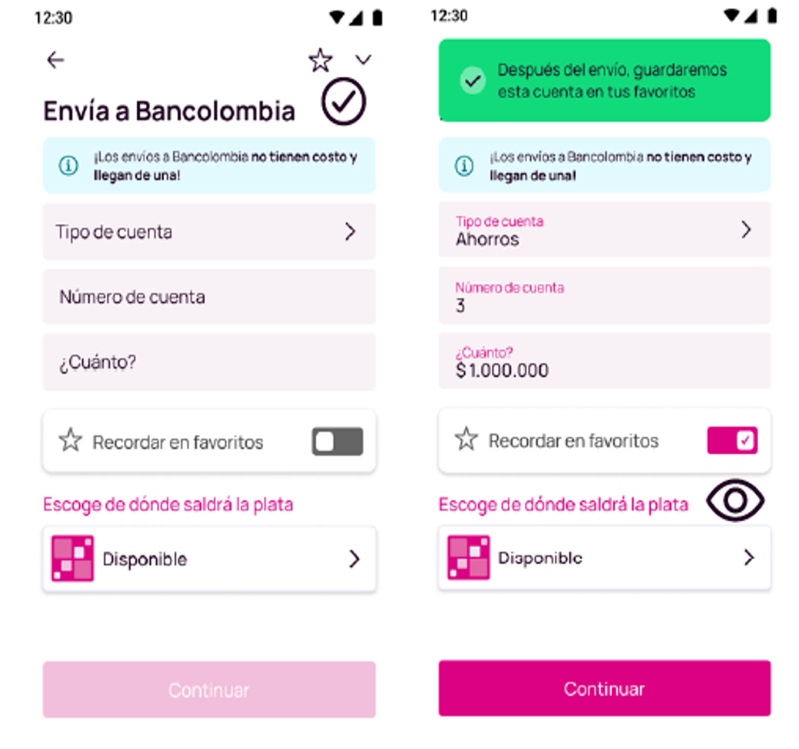 Pantalla de envia a bancolombia desde Nequi
