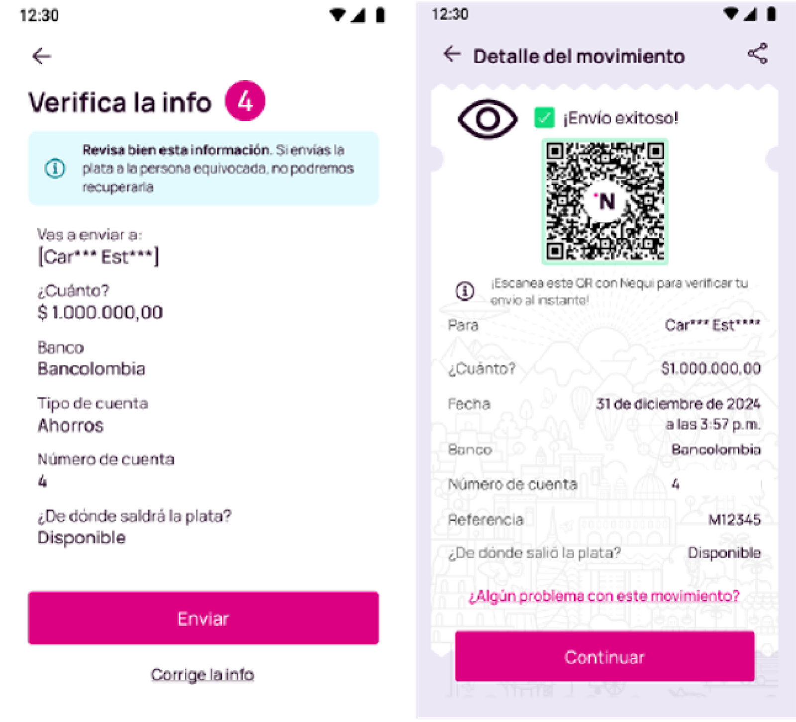 Pantalla de verifica la info y detalle del movimiento en la app Nequi