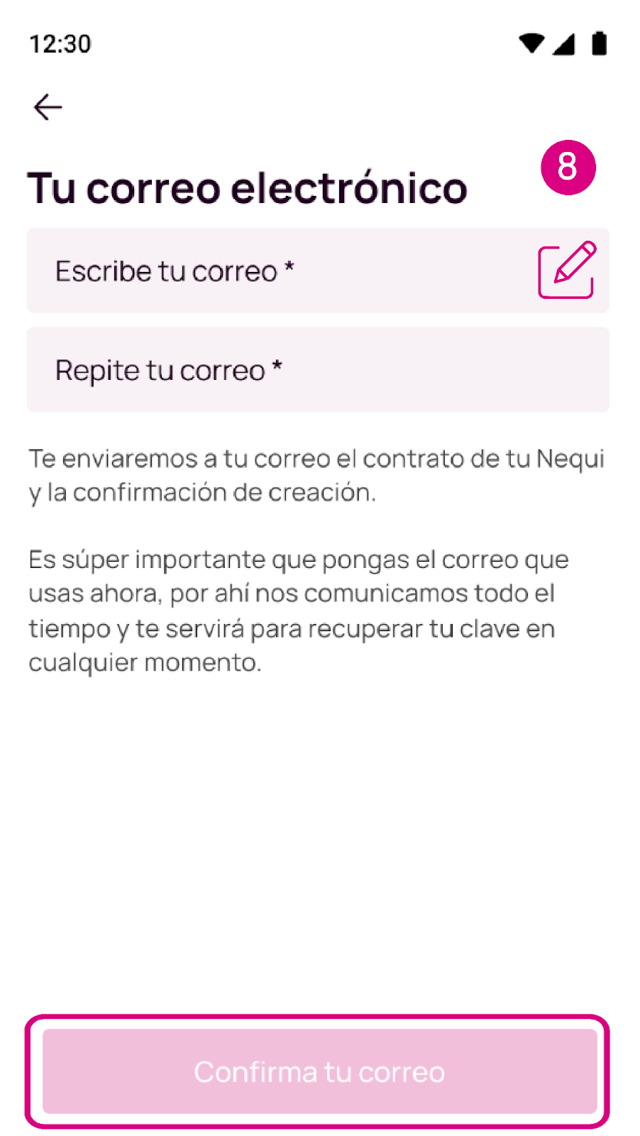 Escribe tu correo electrónico para crear Nequi