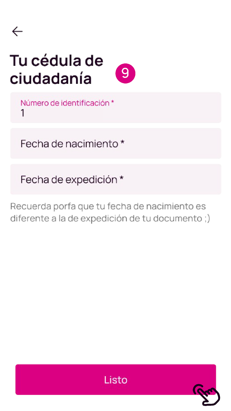 Ingresa los datos de tu documento para crear Nequi