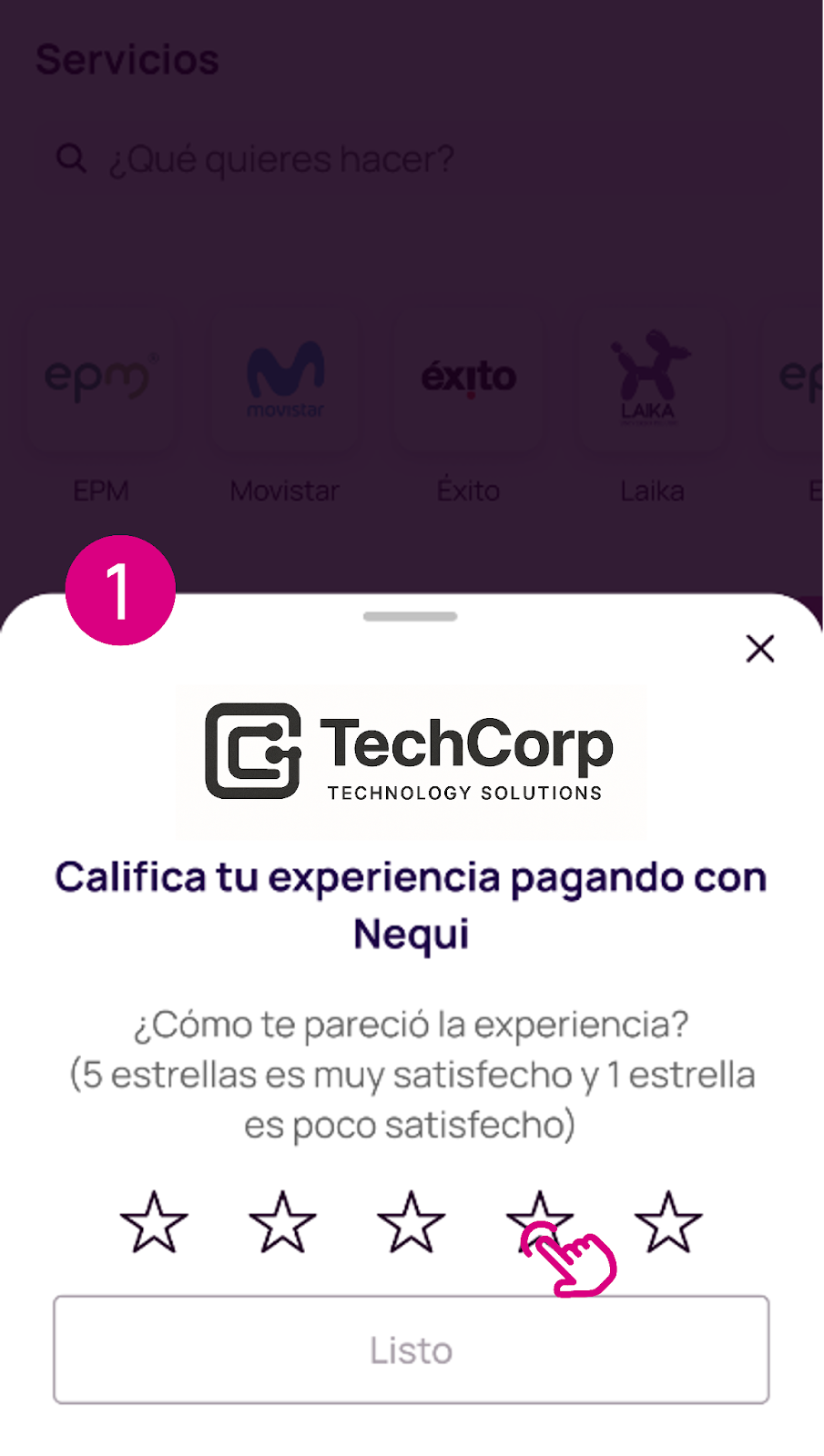Opción para calificar la experiencia al usar servicios de Nequi