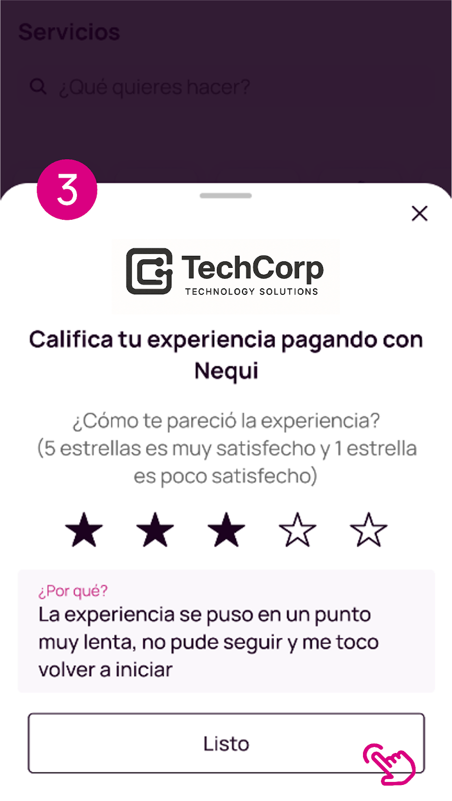 Opción para ingresar un comentario si calificaste con menos de 3 estrellas los servicios de Nequi