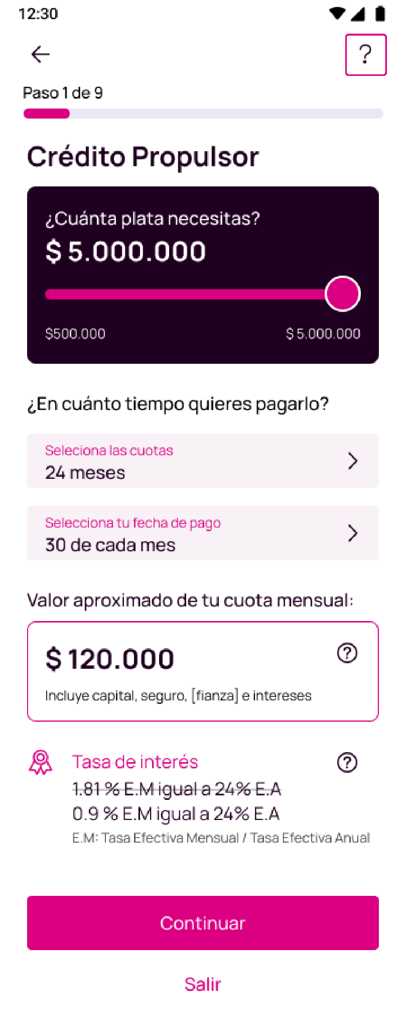 Pantalla solicitud de crédito en la app