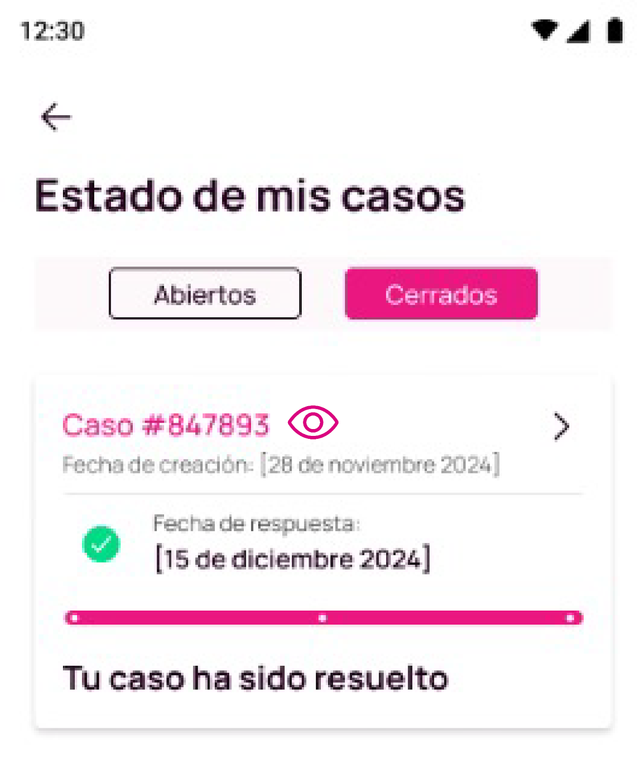 Vista de casos cerrados en la app