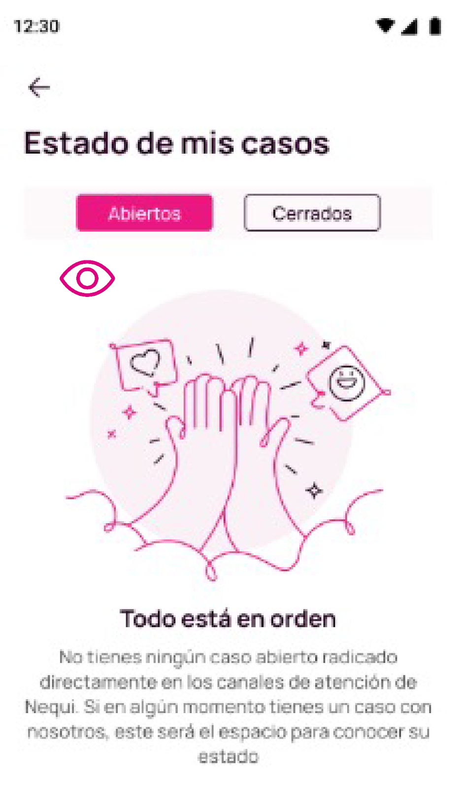 Pantalla de casos abiertos en la app