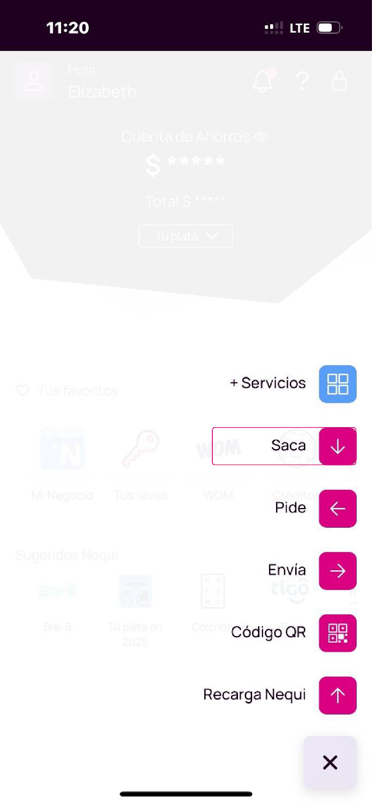 Pantalla de saca en Nequi