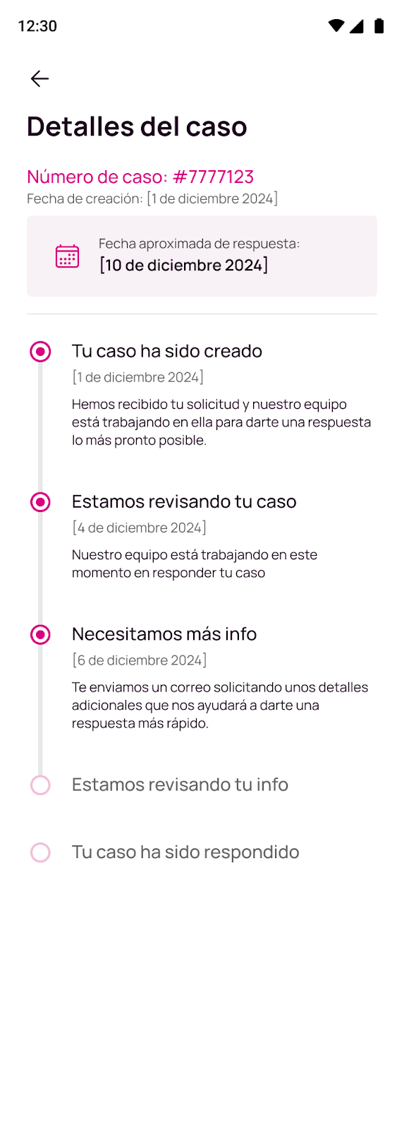 pantalla caso pendiente de documentación o información adicional