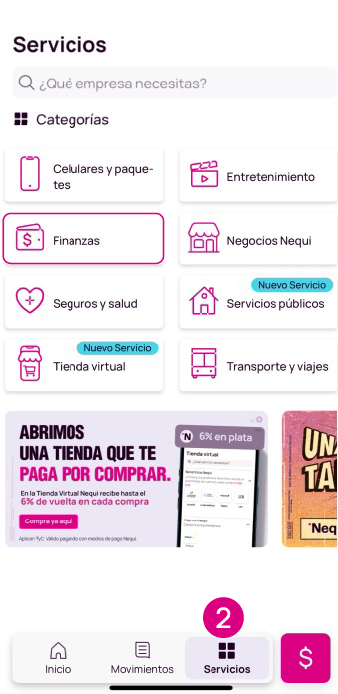Pantalla servicios y finanzas en Nequi