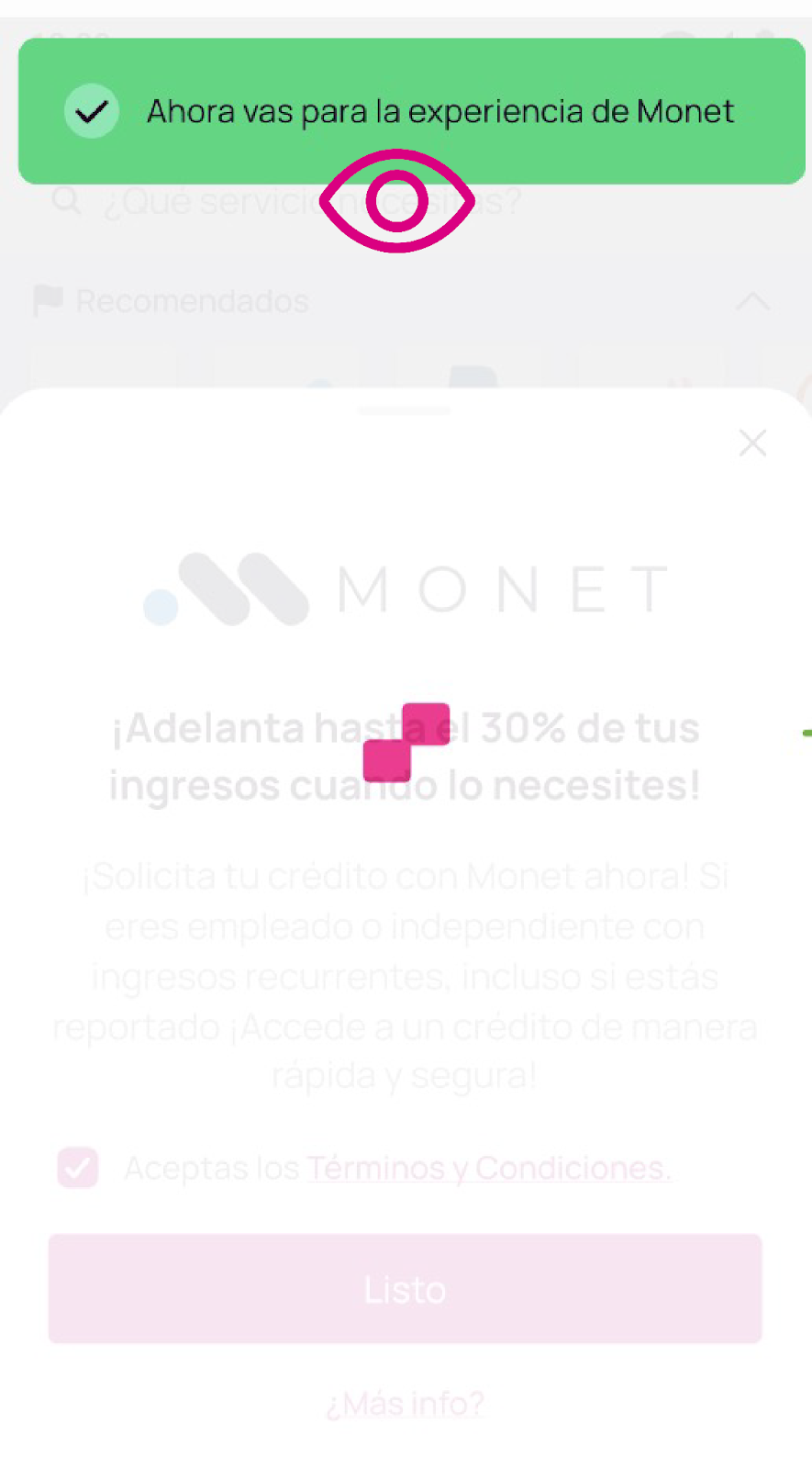 Pantalla de experiencia de Monet en Nequi