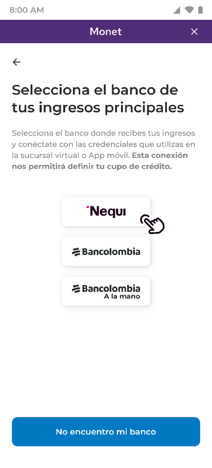 Pantalla de selecciona el banco en Nequi