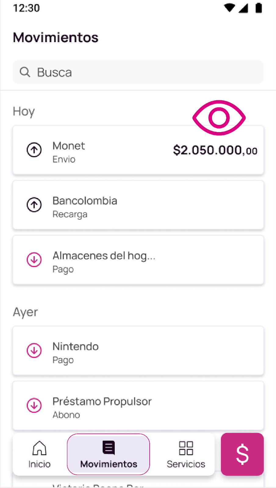Pantalla de movimientos en Nequi
