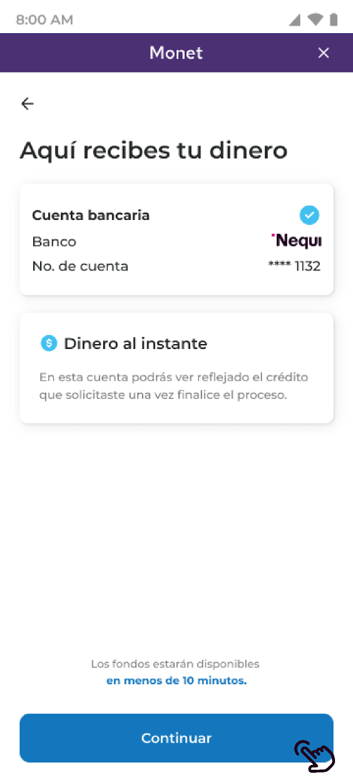 Pantalla de continuar en Nequi